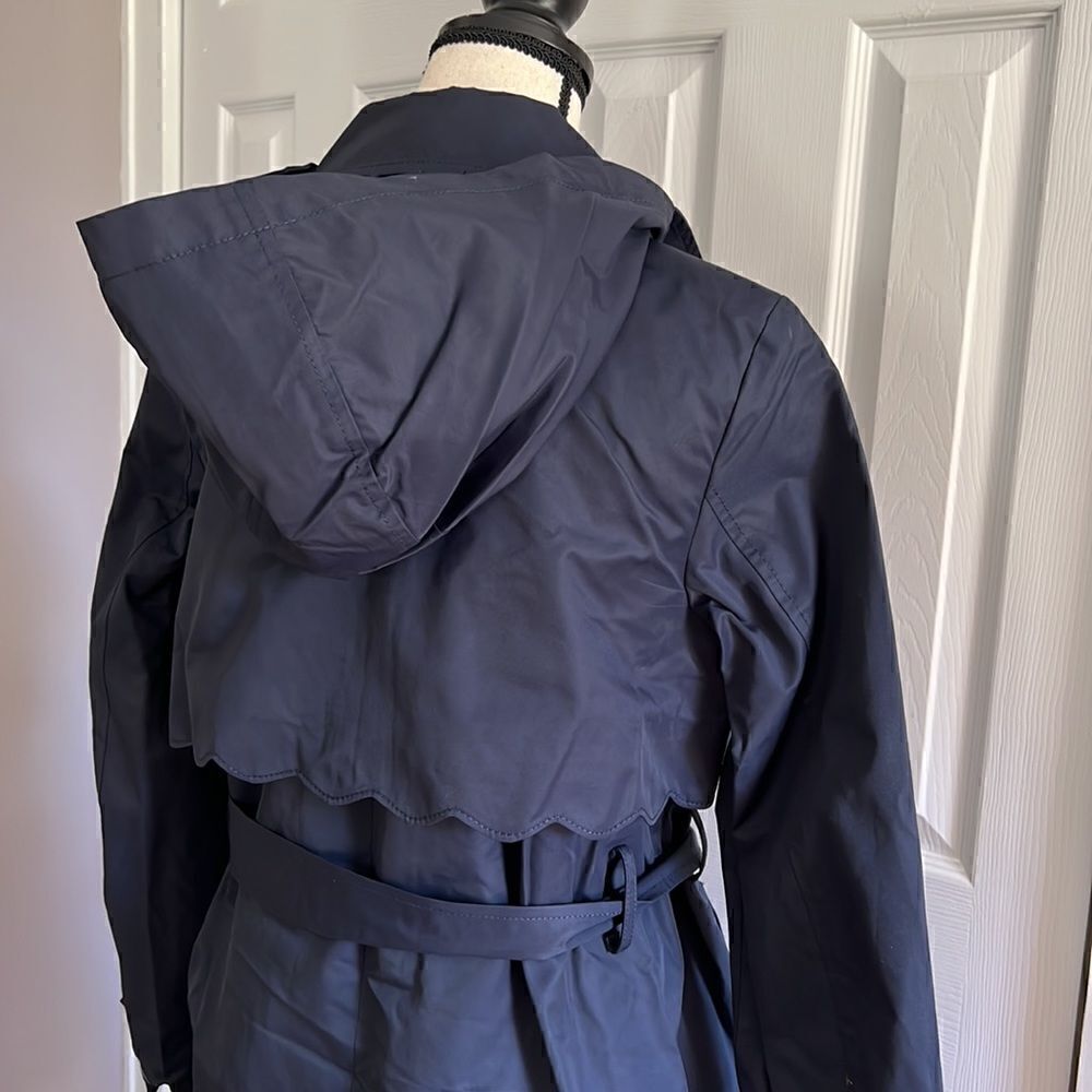 Kate Spade Scalloped Hooded Trench Coat Navy Blue Size S - Picture 13 of 16
